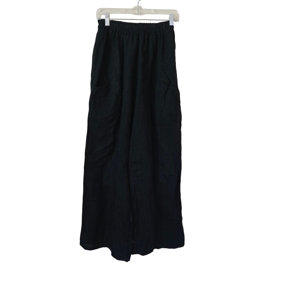 Meo Meli Black Linen Wide Leg Elastic Waist Pocket Pants Made in Italy one size